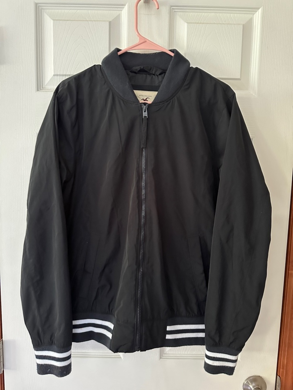 Hollister Black Bomber Jacket with Striped Ribbing M